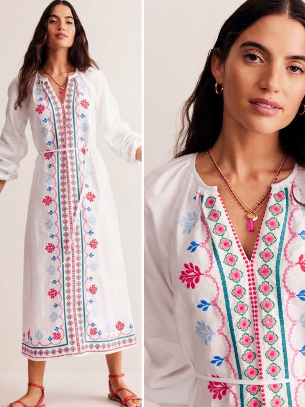 Boden - White Embroidered Long Linen Dress with Belt